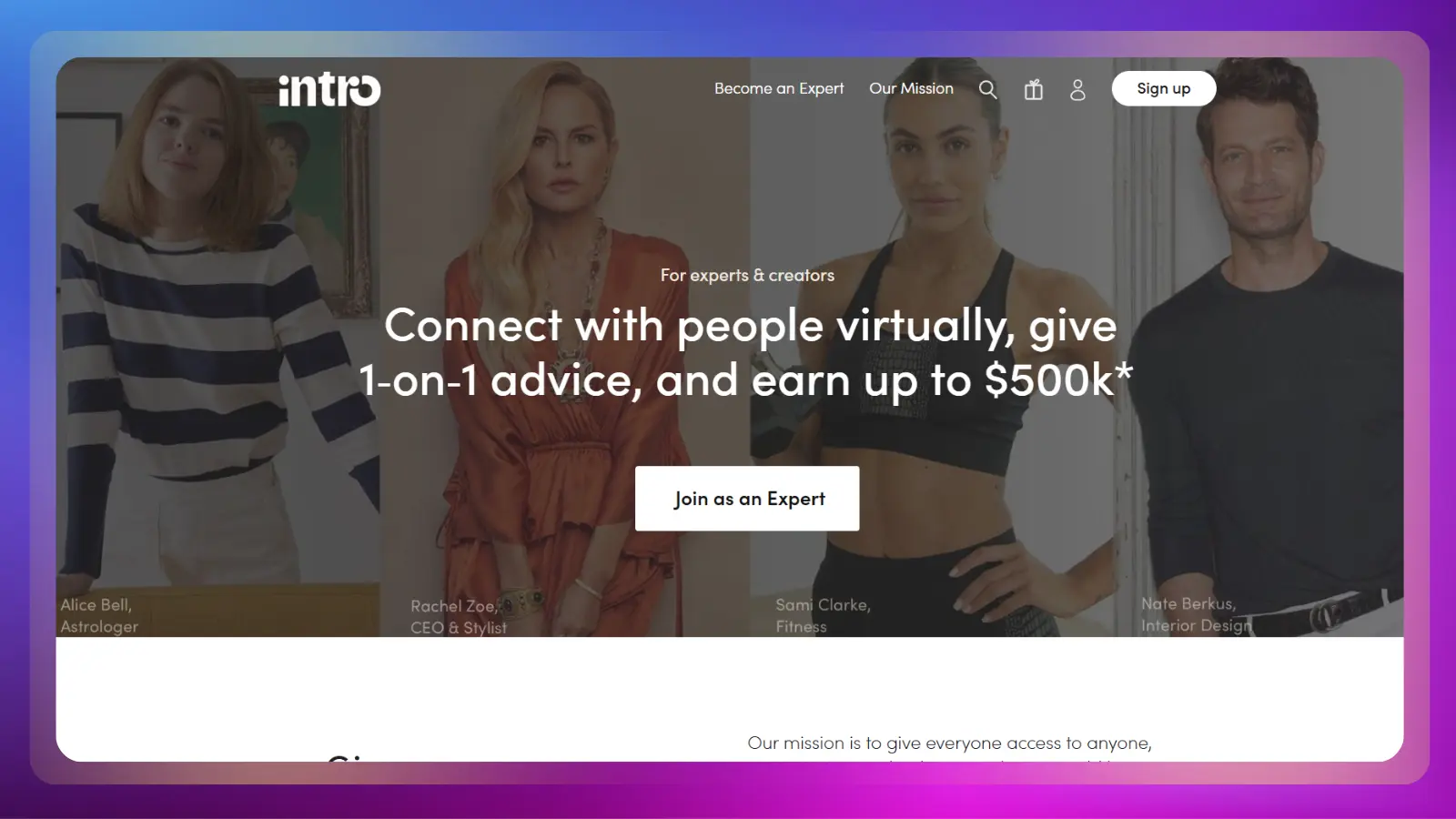 Página web de presentación en la que aparecen expertos y creadores que ofrecen asesoramiento personalizado