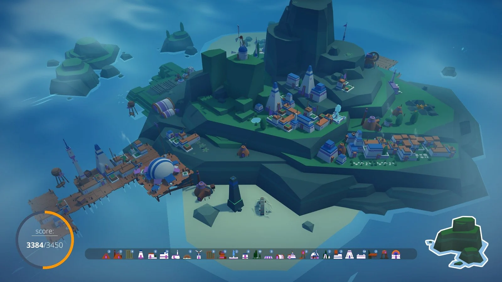 Islanders gameplay showing a colorful settlement built across a mountainous island.