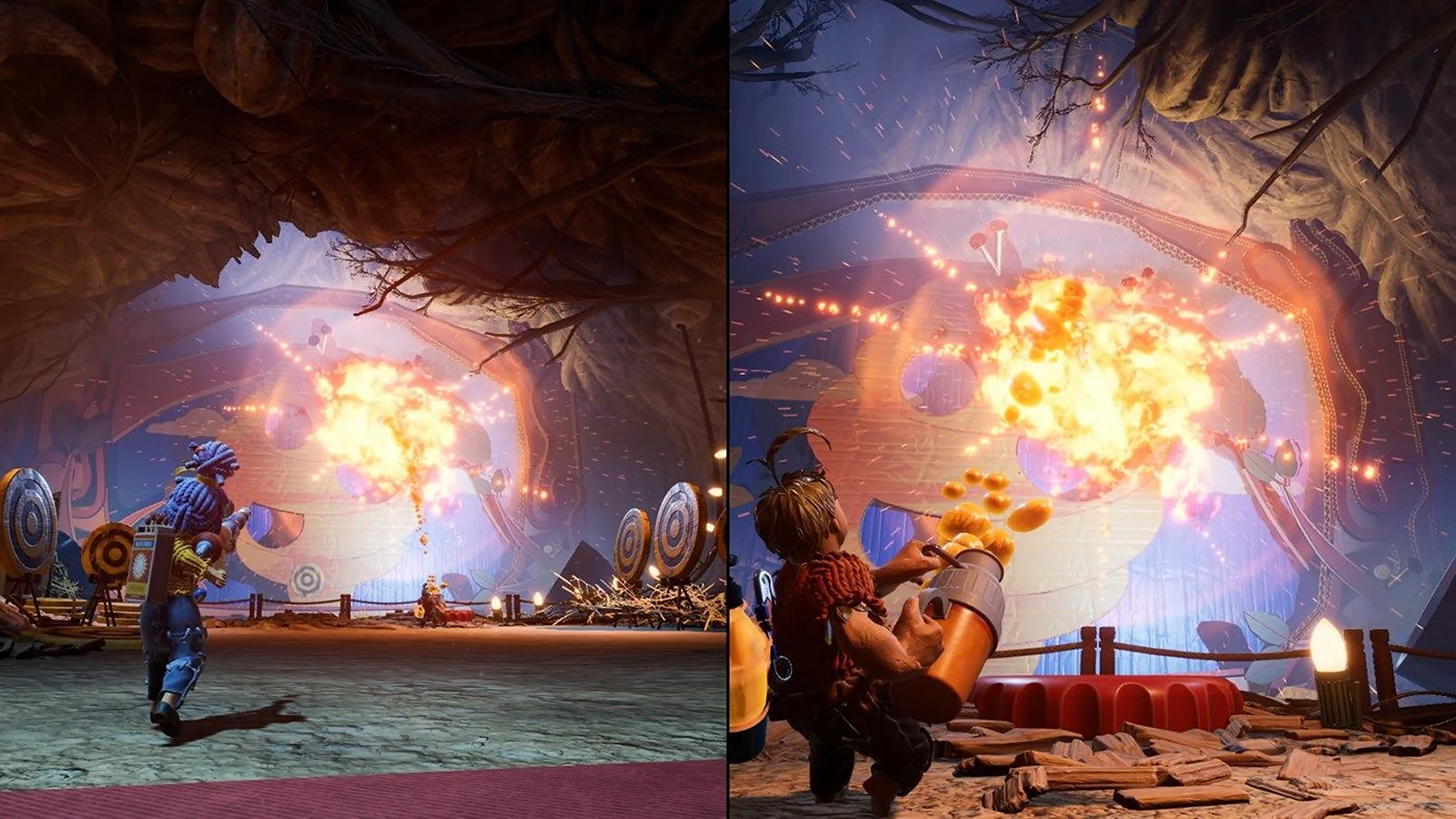 It Takes Two split-screen gameplay showing two players battling a fiery enemy.