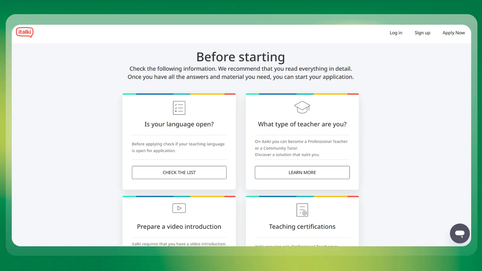 italki website showing teacher application requirements and teaching certifications