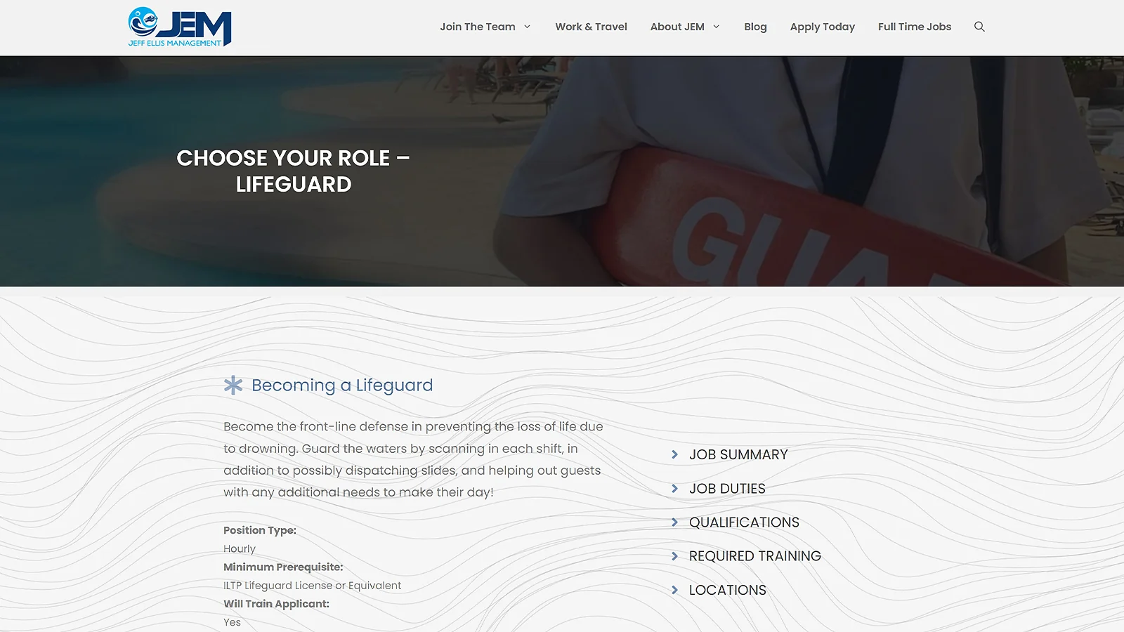 Jeff Ellis Management website outlining duties and requirements for a lifeguard job