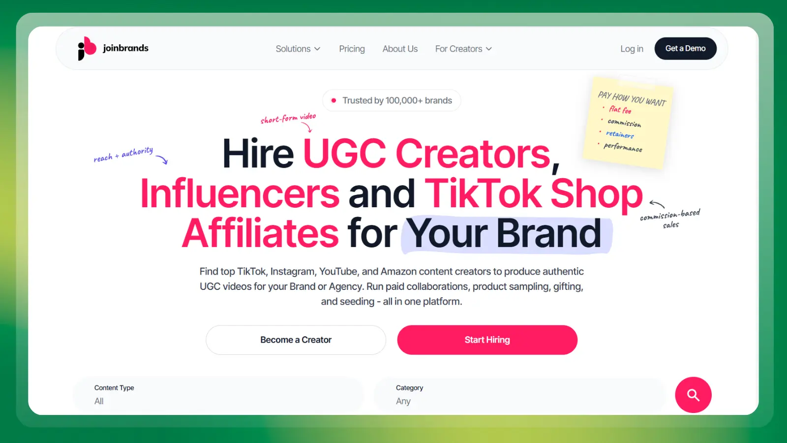 joinbrands website showing ugc creators influencers and tiktok shop affiliates