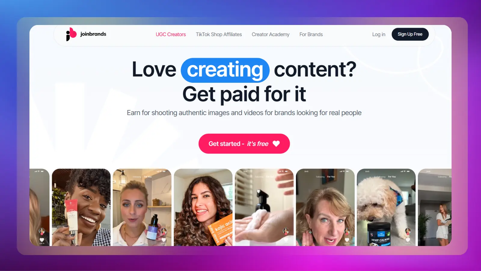 Página web de joinbrands que muestra oportunidades de creación de contenido remunerado para creadores