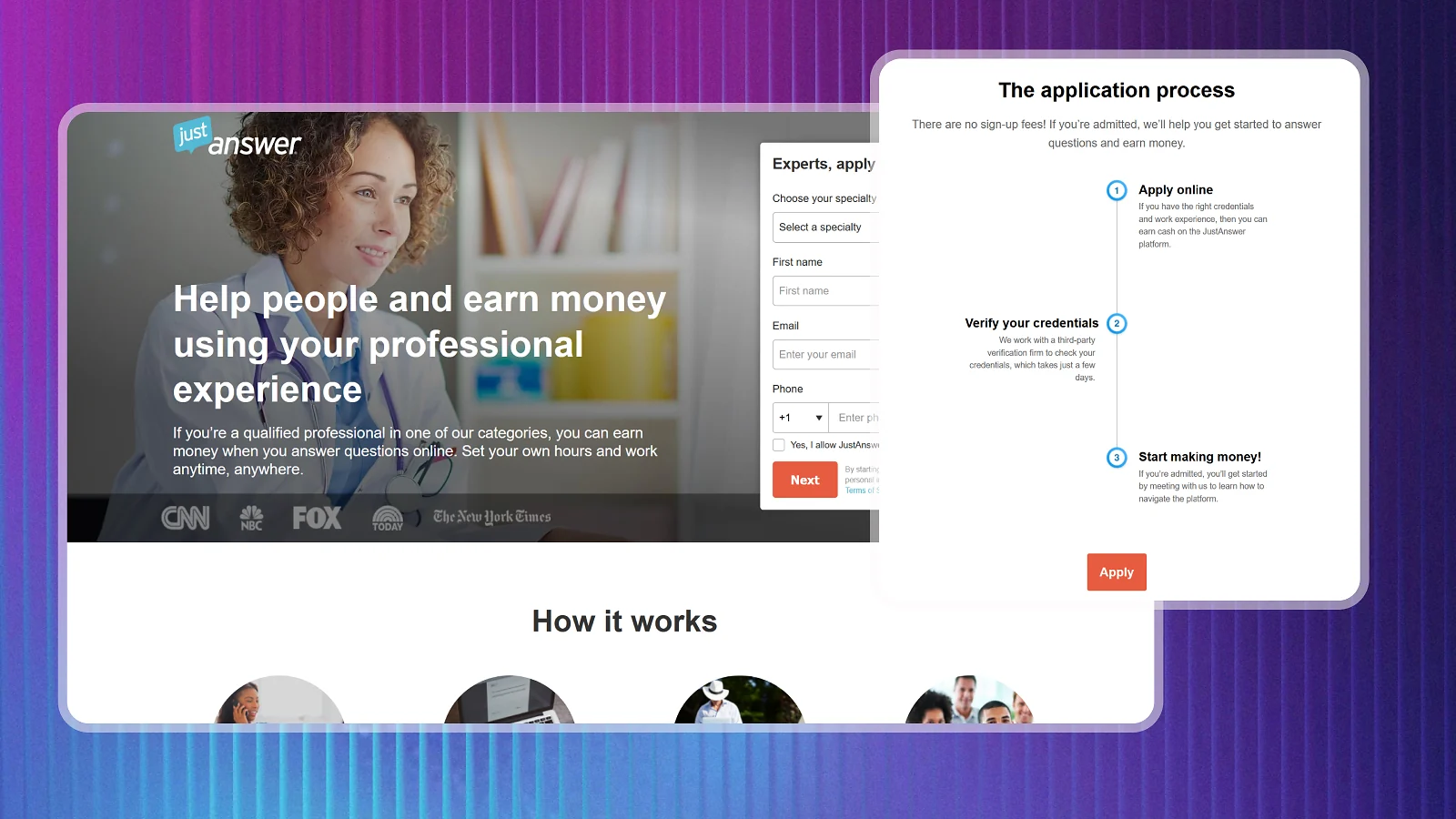 justanswer home page - the application process steps