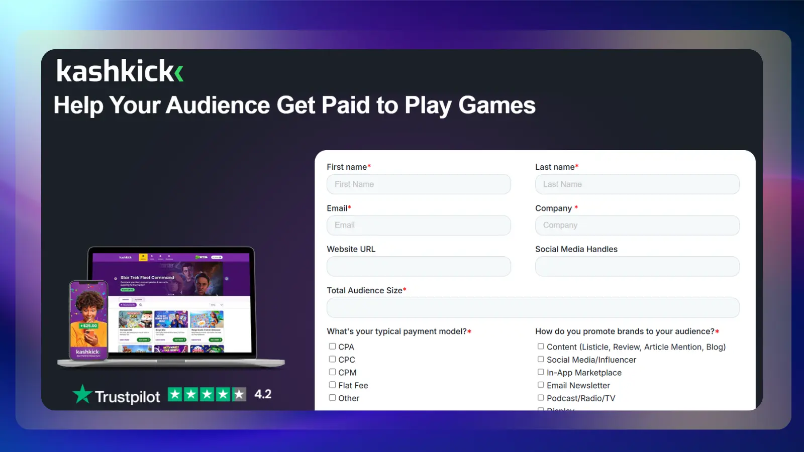Página web de KashKick en la que se muestran oportunidades de ganar dinero jugando y un formulario de registro
