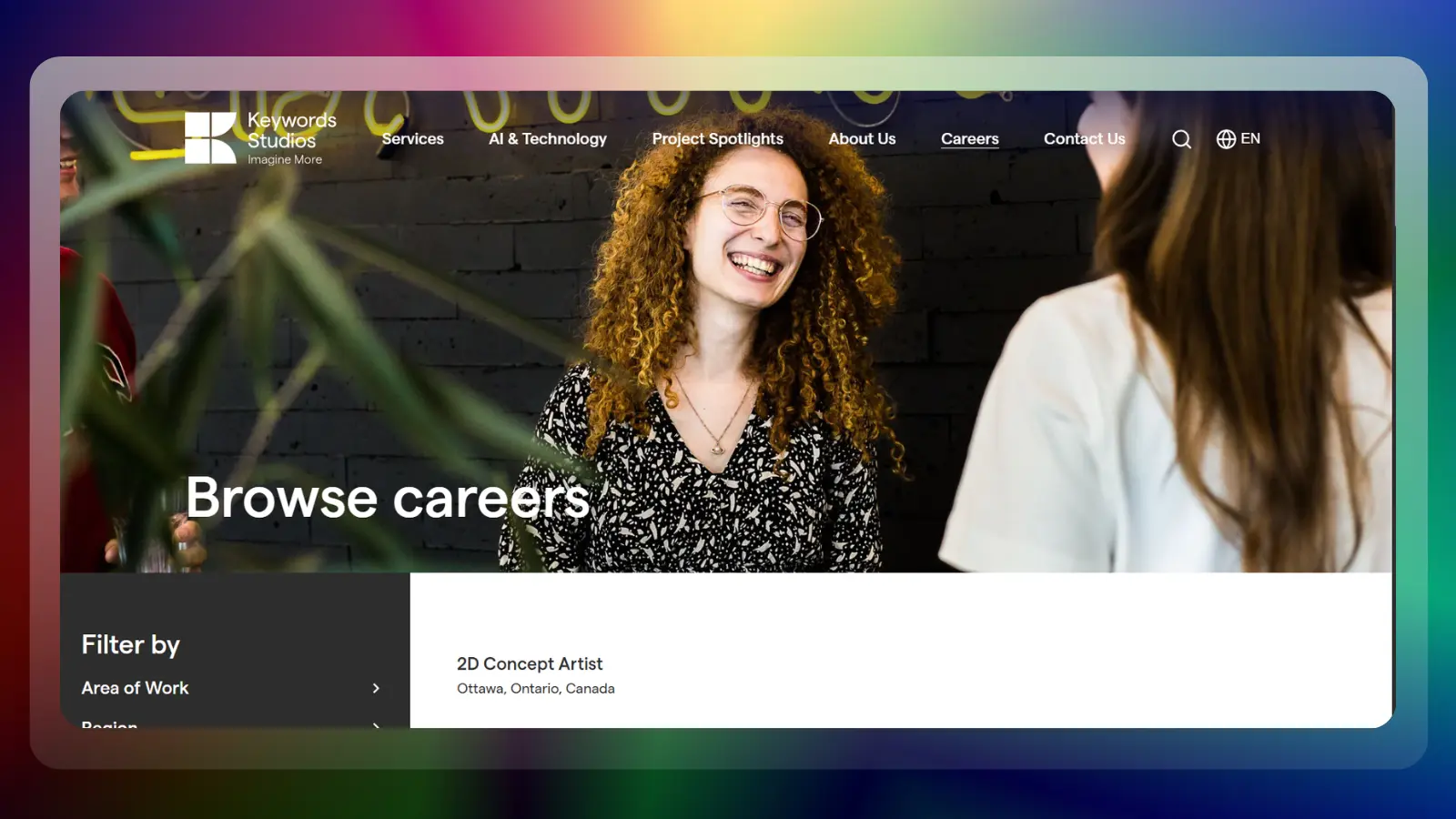 keywords studios website showing gaming careers and available job positions