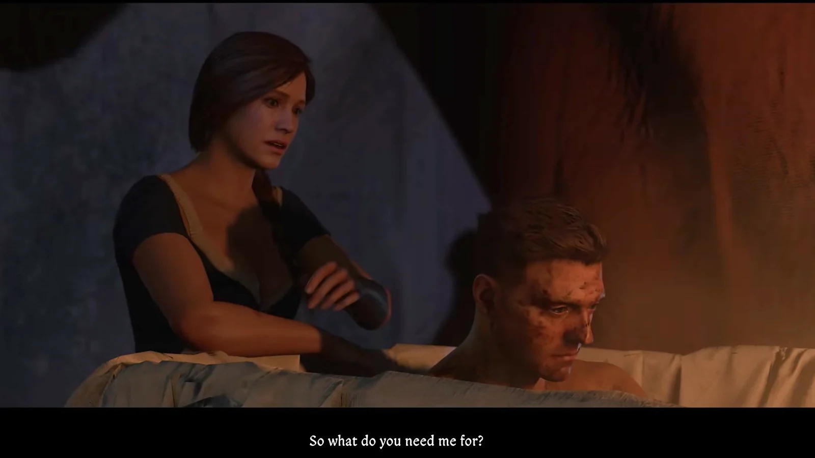 Cena de diálogo do jogo «Kingdom Come: Deliverance» que mostra duas personagens dentro de uma sala mal iluminada.