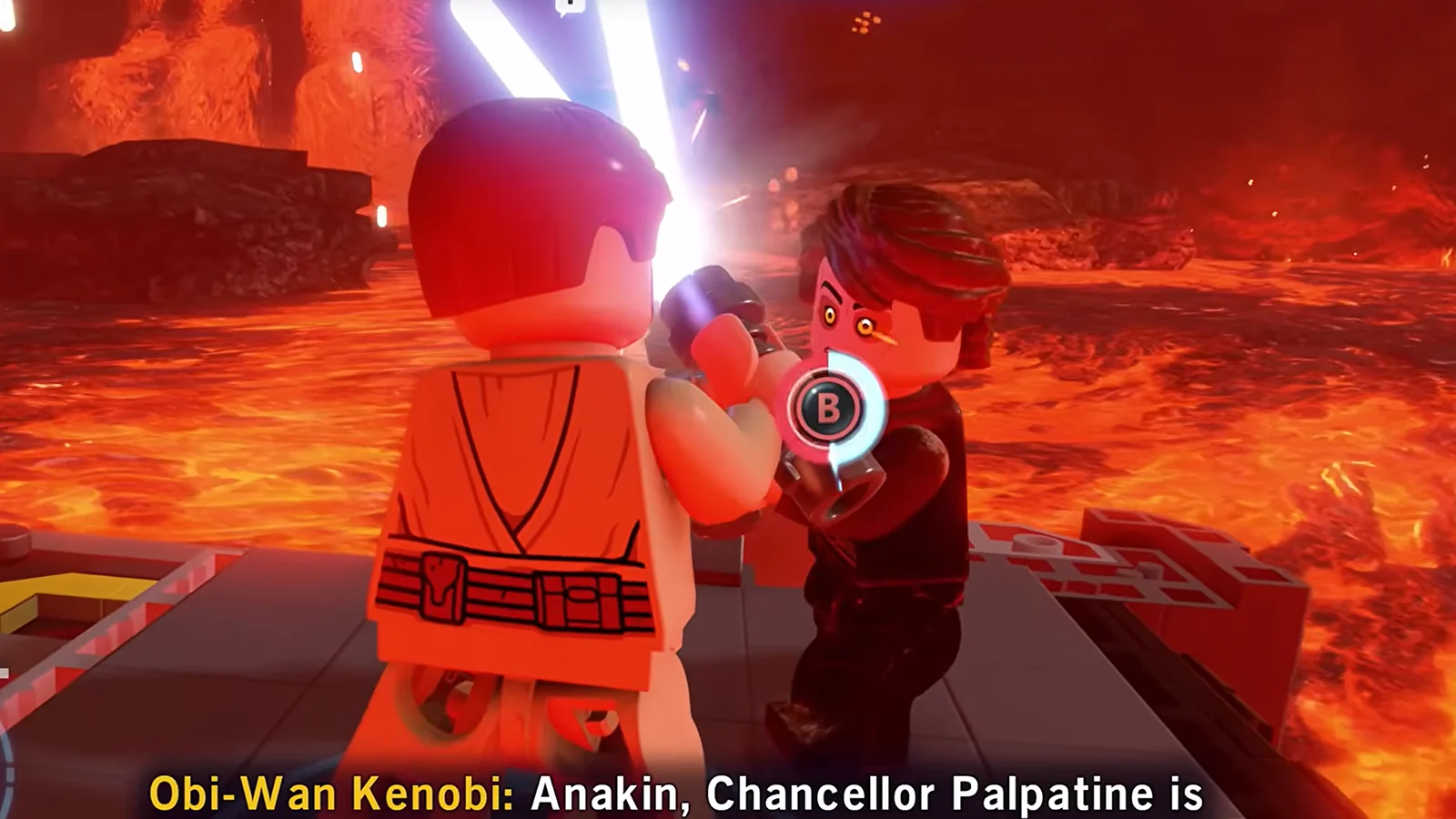 LEGO Star Wars gameplay showing a lightsaber battle above a lava-filled landscape.