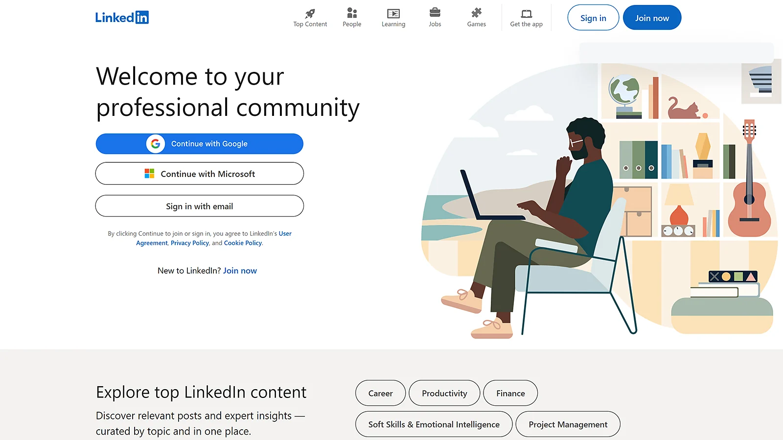 LinkedIn homepage welcome screen with sign-in options and remote worker illustration