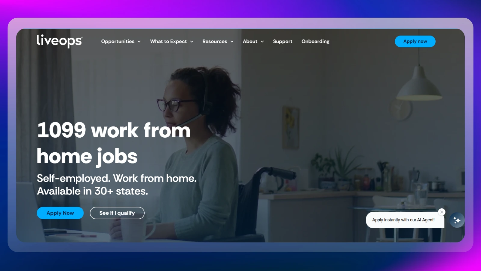 Página web de Liveops que ofrece puestos de trabajo desde casa y oportunidades de autoempleo
