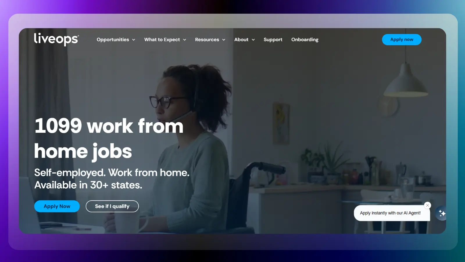 liveops website showing self employed work from home opportunities