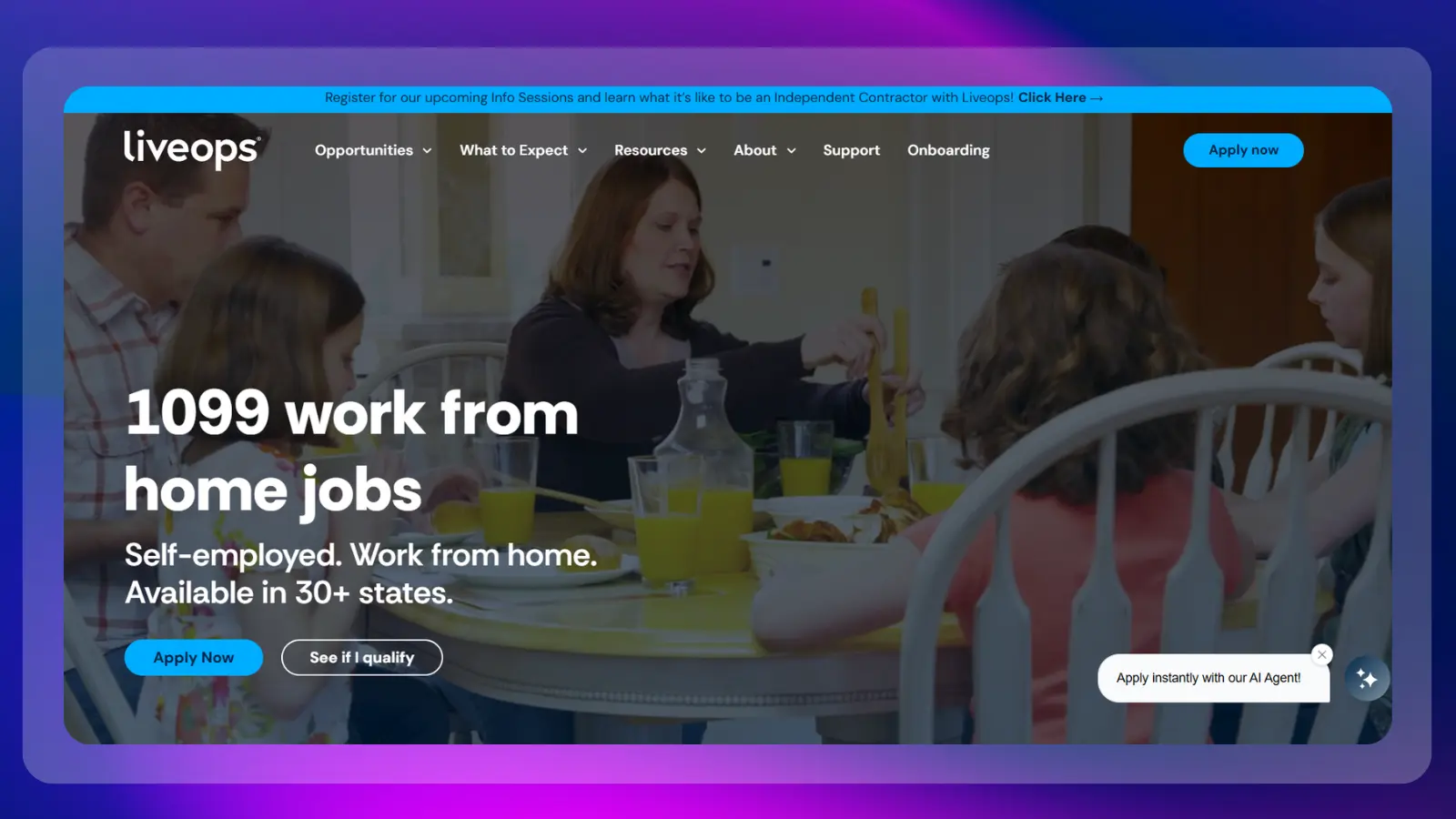 liveops website showing work from home jobs for self employed workers