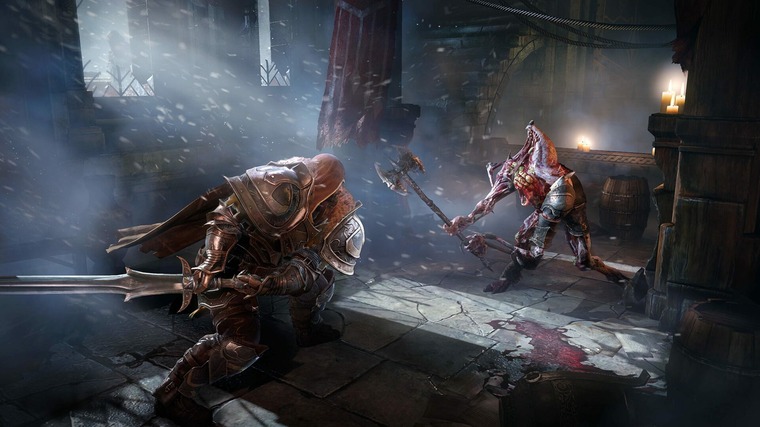 A personagem do jogador em «Lords of the Fallen» a avançar a toda a velocidade para atacar uma monstruosidade armada.