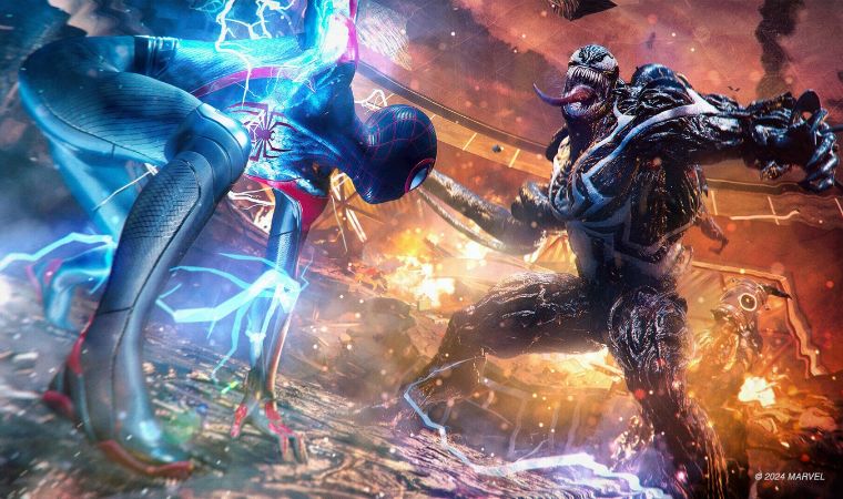 Marvel’s Spider-Man 2 action scene showing Miles Morales fighting Venom.