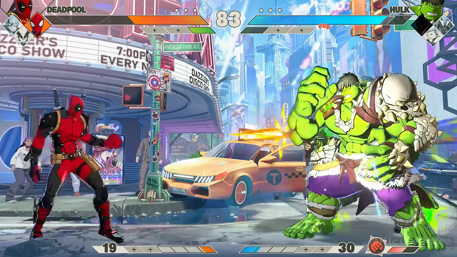 Marvel Tōkon: Fighting Souls gameplay showing Deadpool battling Hulk in a colorful city arena.