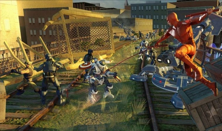 Marvel: Ultimate Alliance cooperative gameplay showing several heroes fighting enemies in a city.