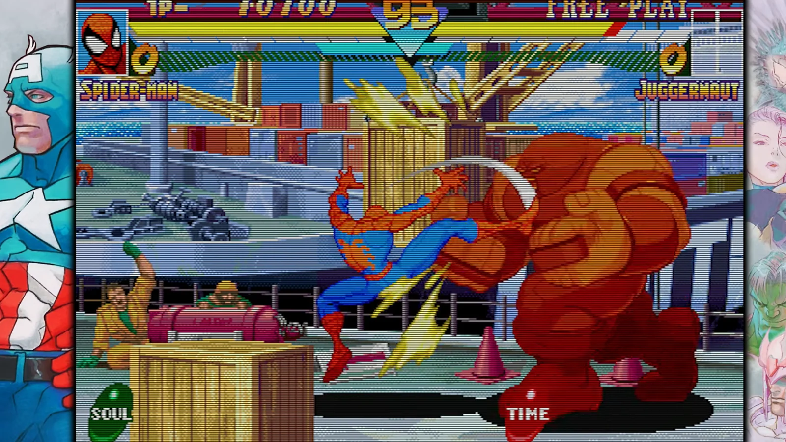 Marvel vs. Capcom gameplay showing Spider-Man fighting Juggernaut in a retro arcade battle.