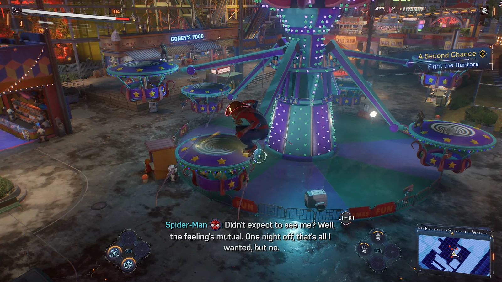 Spider-Man perched on an illuminated amusement park ride at Coney Island during a Hunter fight