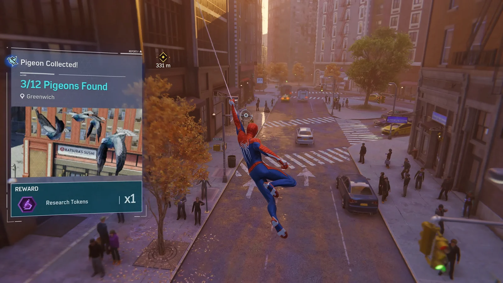 Spider-Man web-swinging above a city street while completing a pigeon collection mission