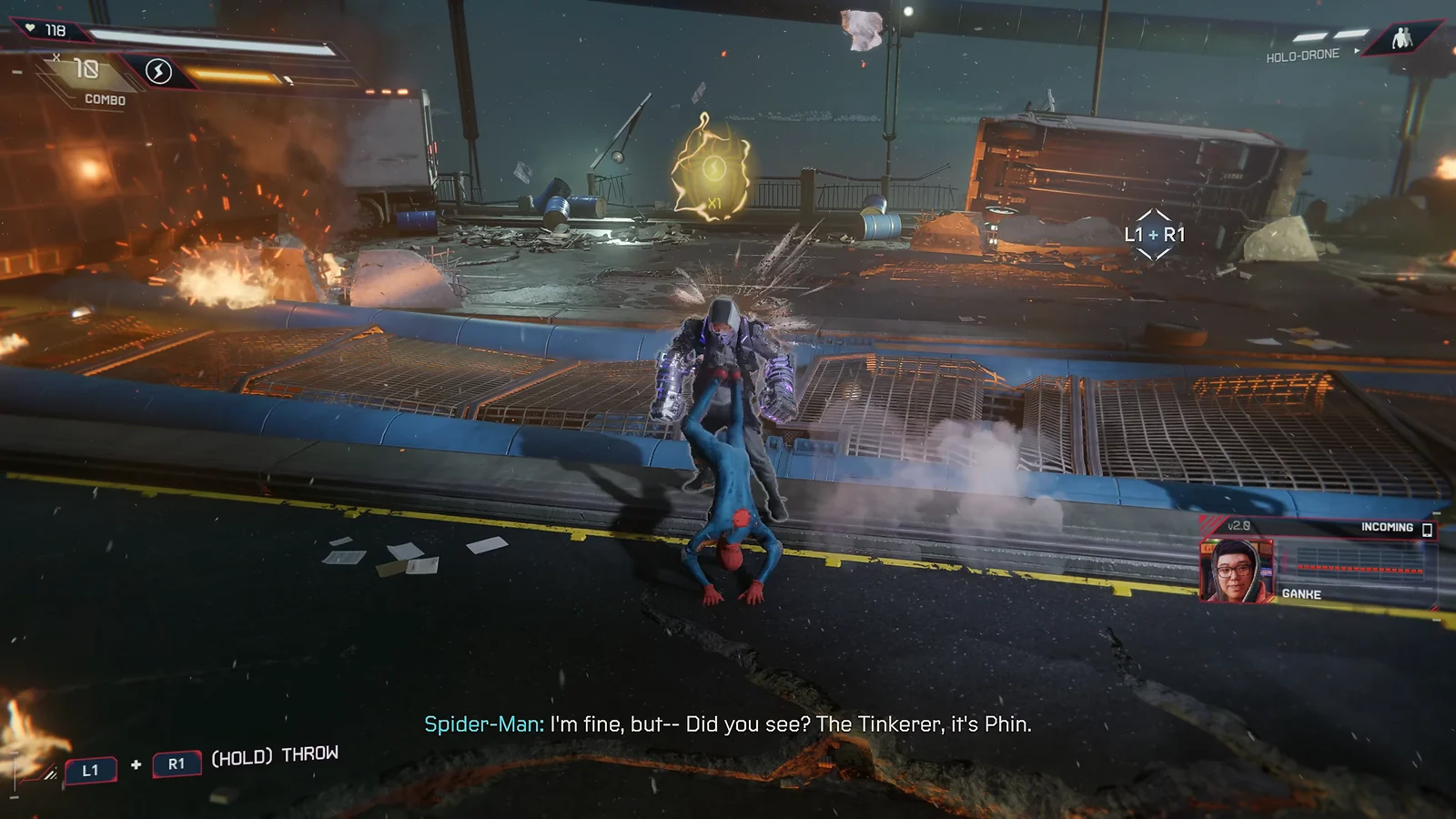 Miles Morales fighting an Underground enemy on a damaged bridge