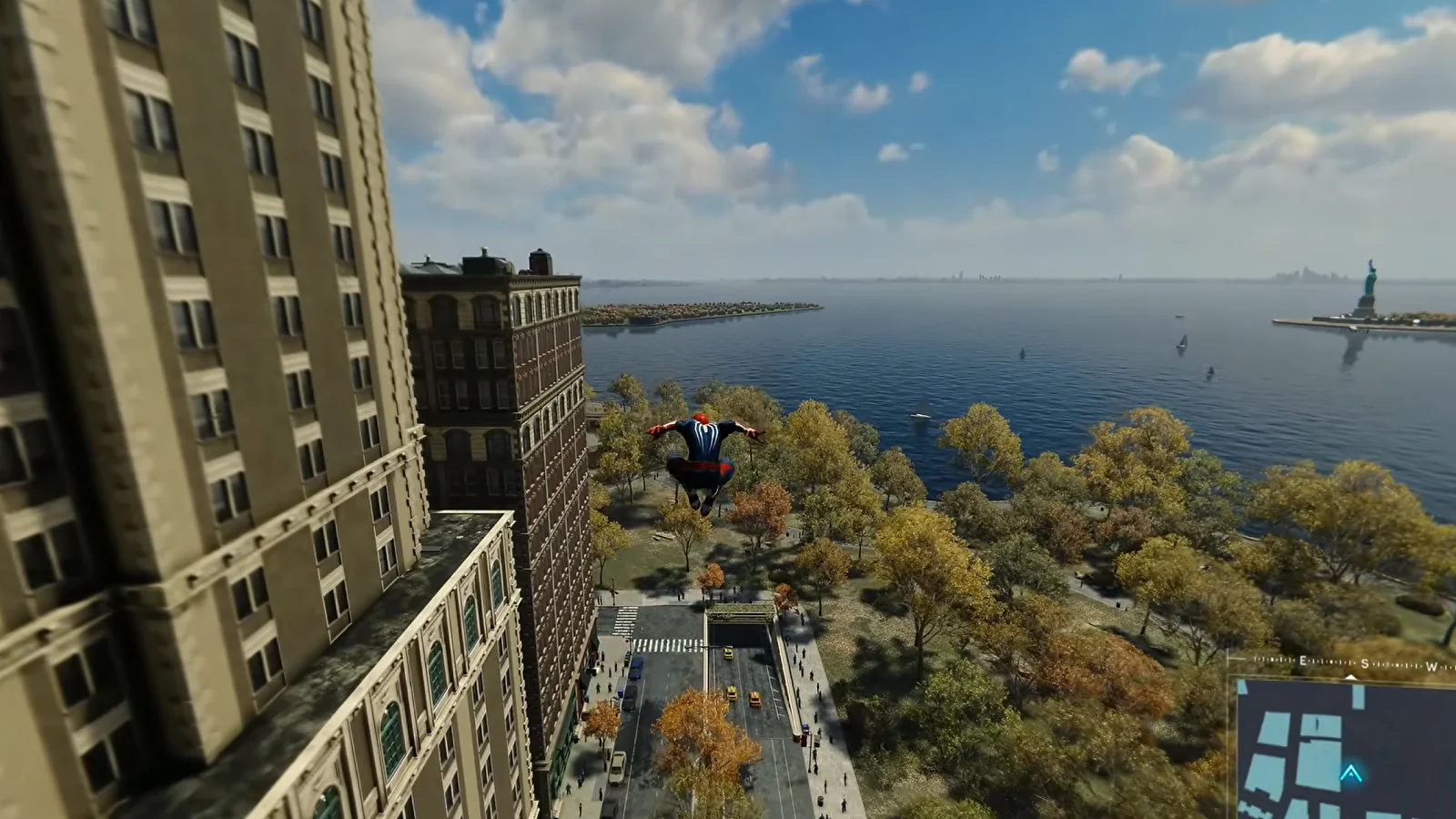 Marvel’s Spider-Man Remastered gameplay showing Spider-Man swinging above a waterfront park in New York City.