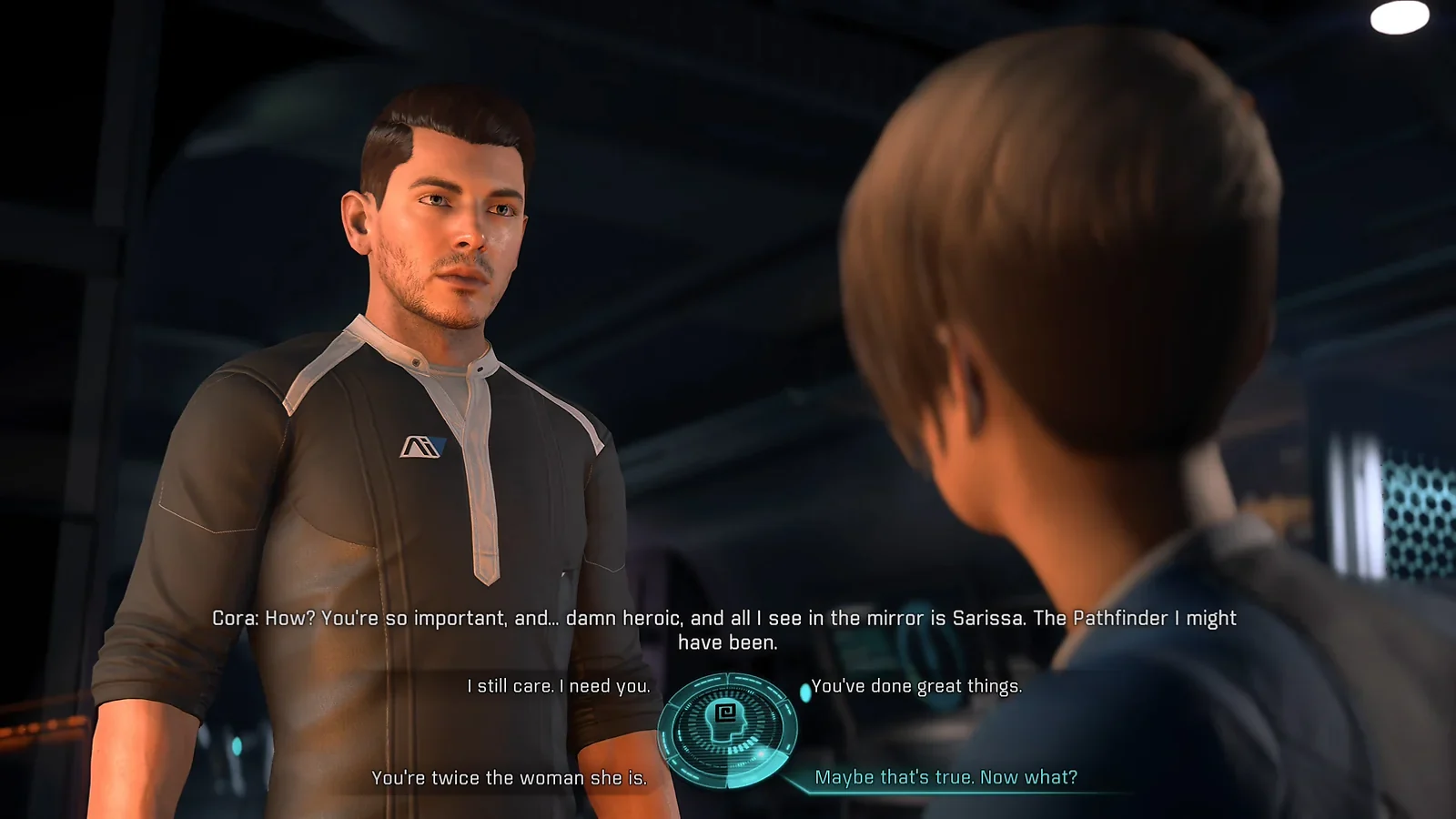 Mass Effect dialogue scene featuring two characters aboard a spacecraft.