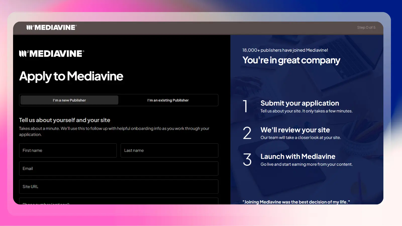 mediavine website showing the application process for website publishers