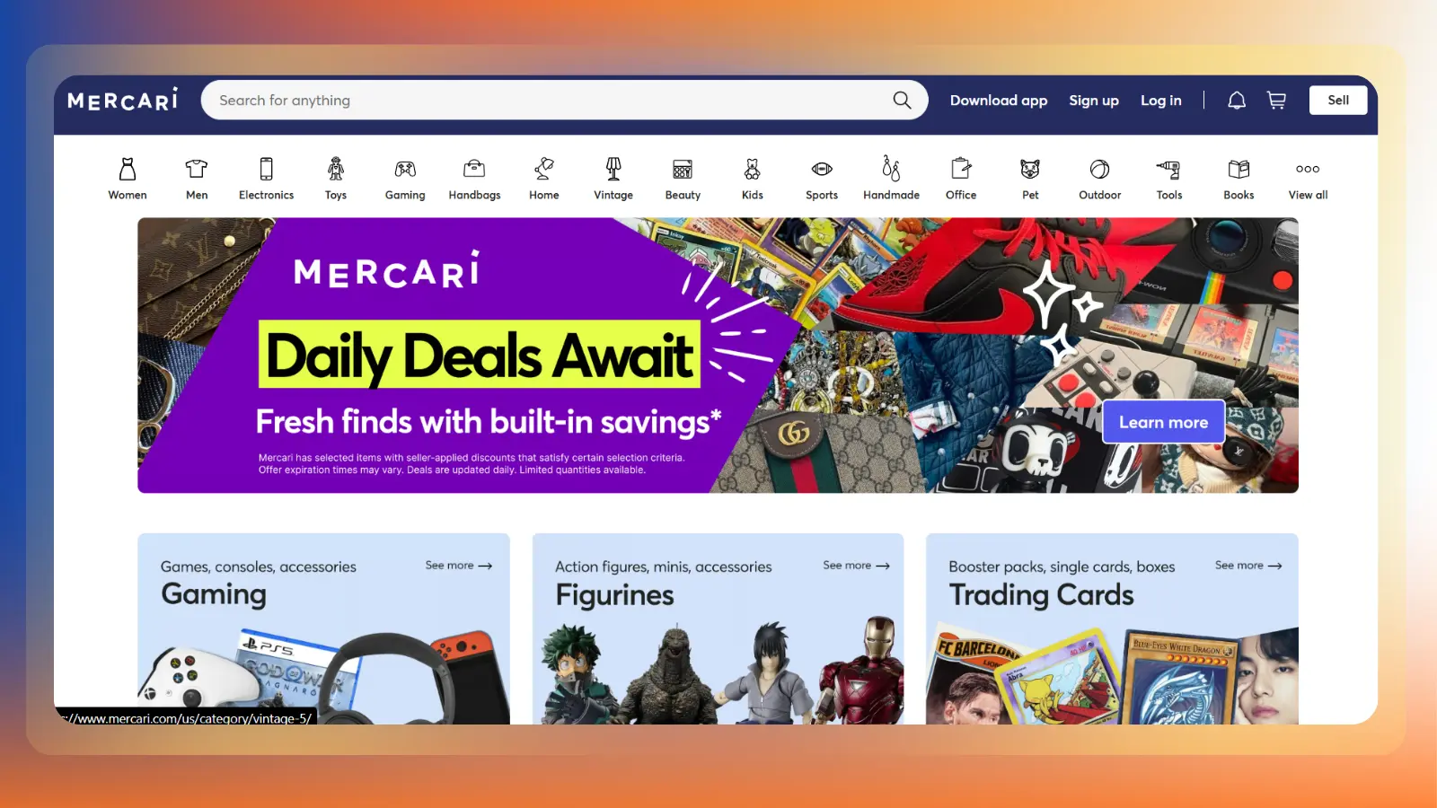 mercari website showing marketplace deals and product categories