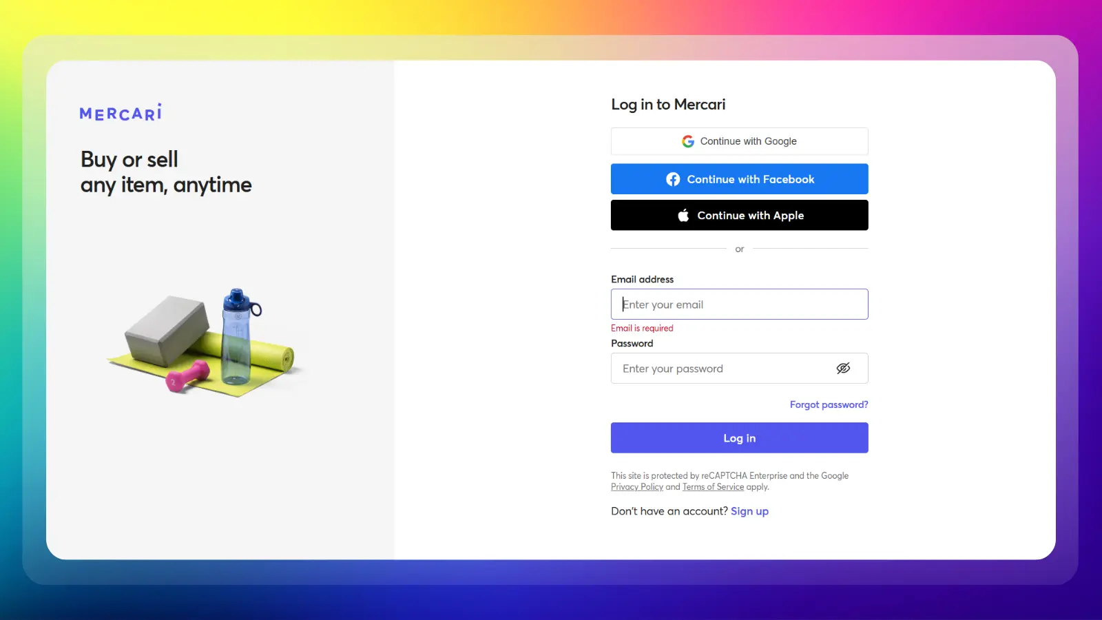 mercari website showing a login page for buying and selling items