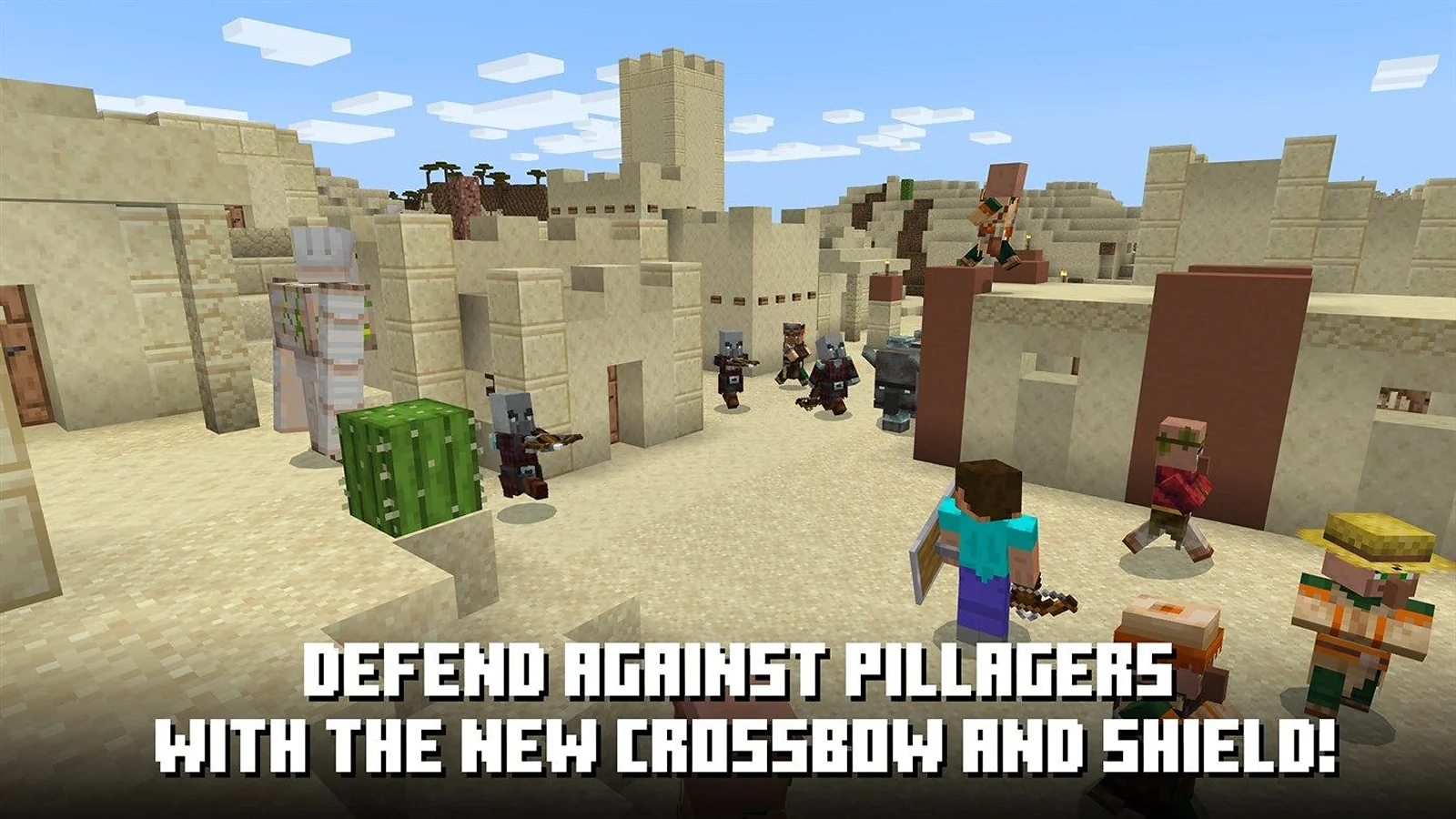 Minecraft gameplay showing players defending a desert village from pillagers.