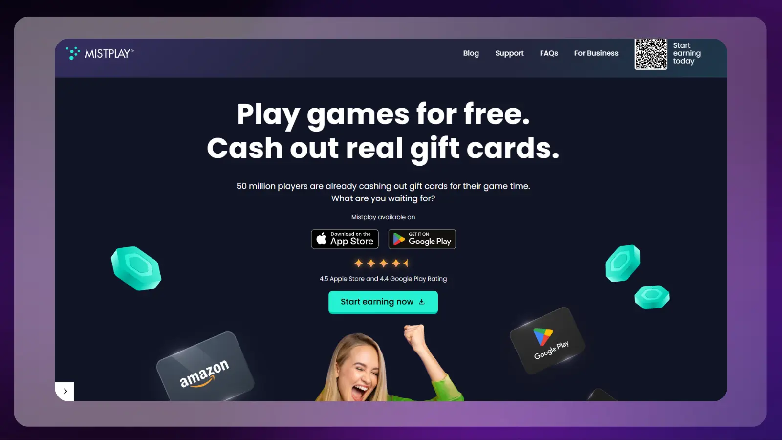 mistplay website promoting rewards for playing mobile games, with users able to earn and redeem rewards such as gift cards