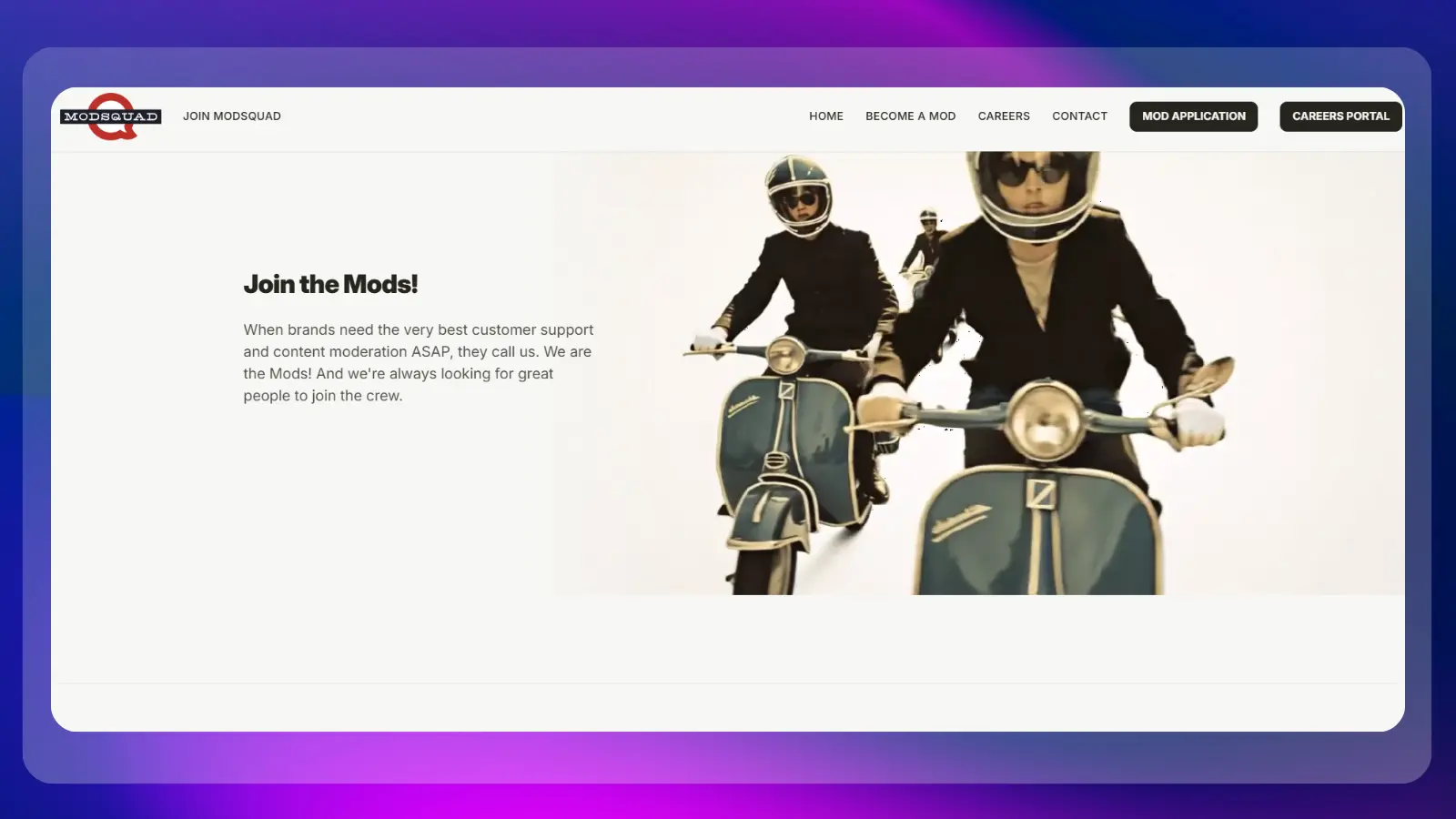 modsquad website showing remote customer service and content moderation jobs