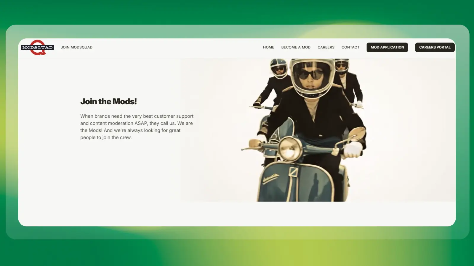 modsquad website showing opportunities for customer support and content moderation work