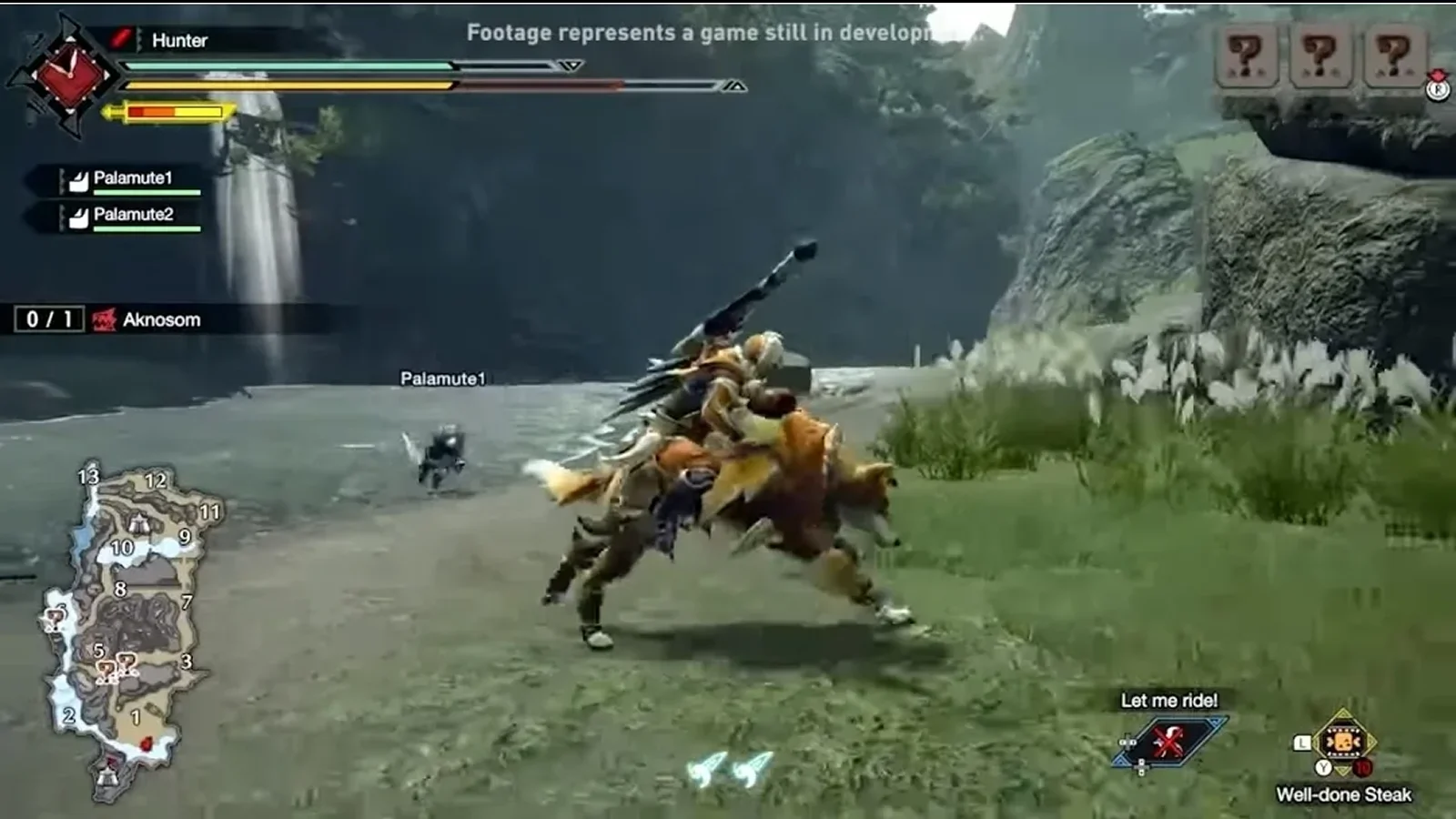Monster Hunter Rise – O melhor jogo de caça a monstros com ritmo acelerado – Um caçador com armadura pesada do Monster Hunter Rise a montar um Palamute, um companheiro parecido com um lobo, a atravessar um riacho raso numa região montanhosa e exuberante ao ar livre, enquanto persegue um monstro
