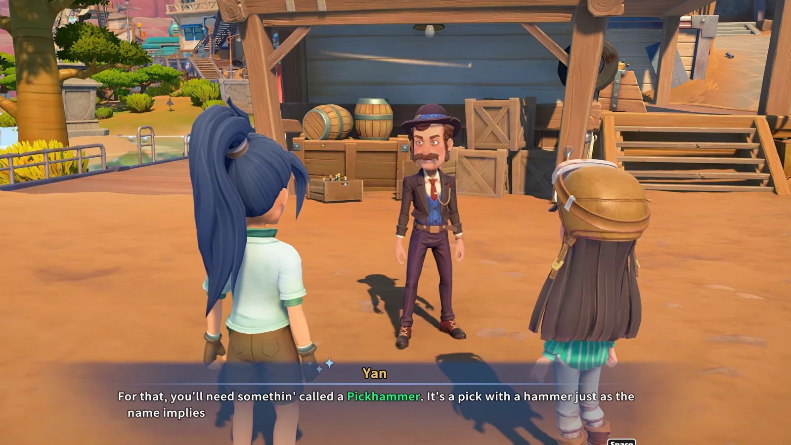 My Time at Sandrock gameplay showing several characters gathered in a colorful town.