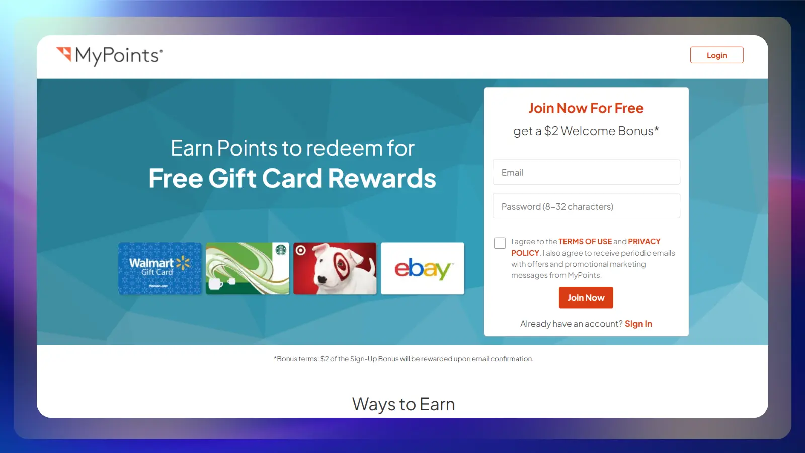 Página web de mypoints en la que se muestran los puntos que se pueden canjear por tarjetas regalo gratuitas