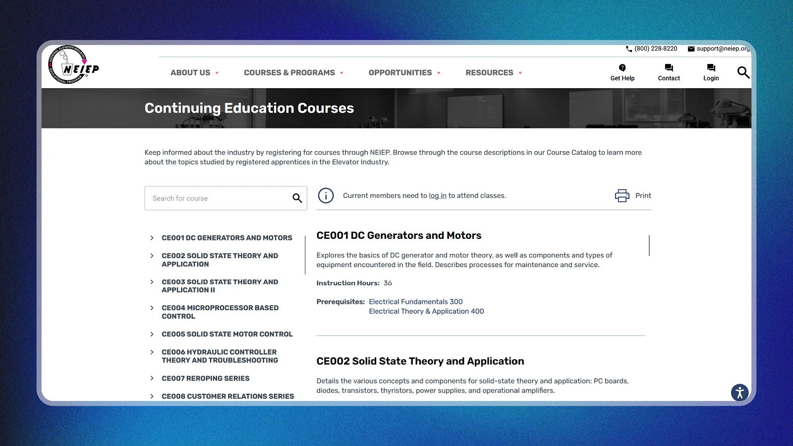 neiep website showing list of courses