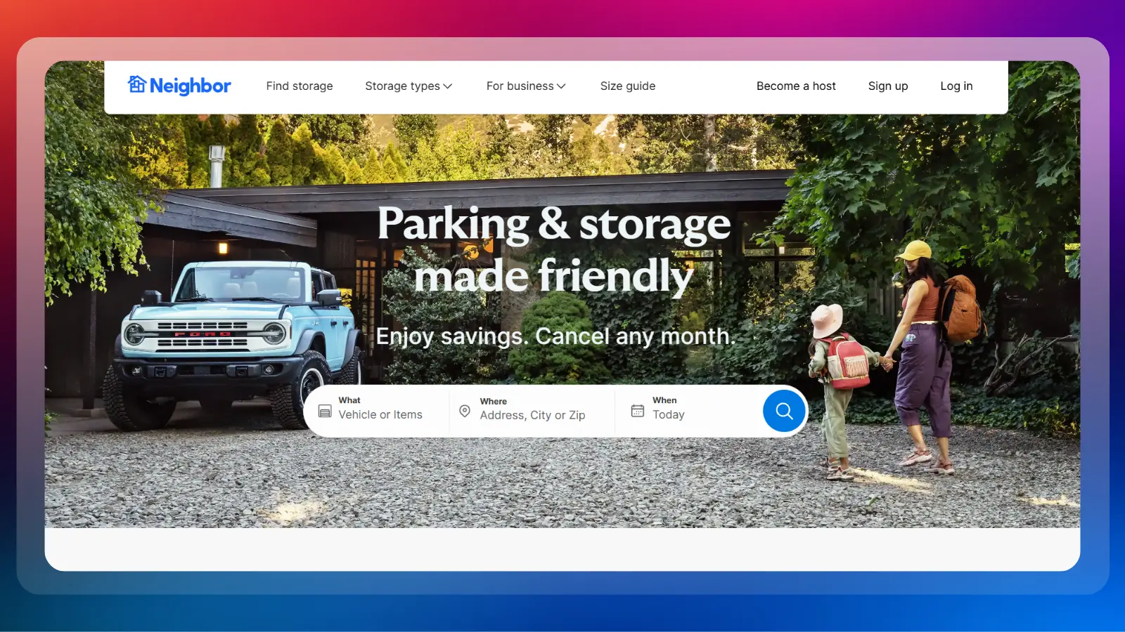 Neighbor website showing parking and storage services