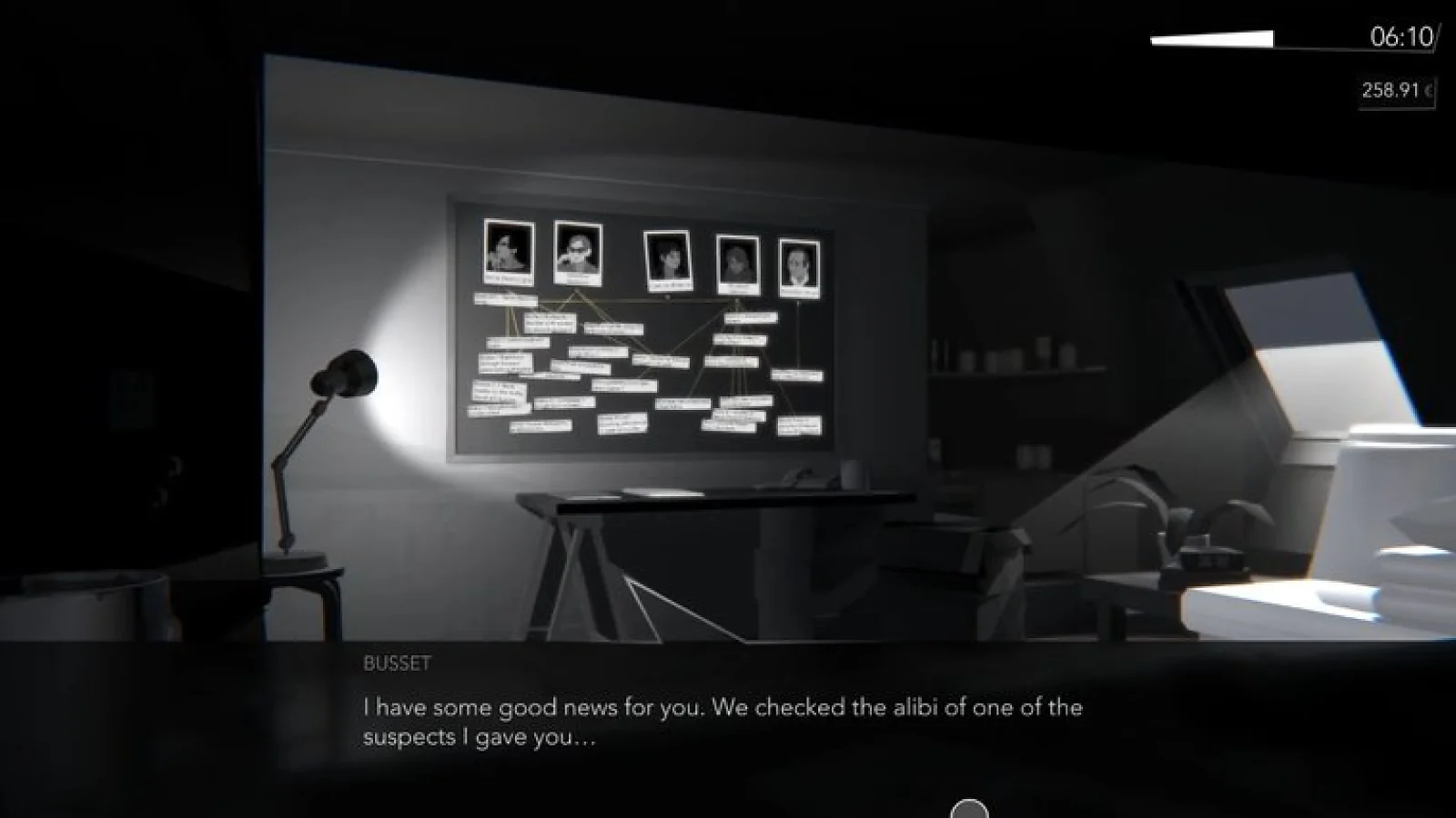 Night Call gameplay showing a dark investigation board beside a parked taxi