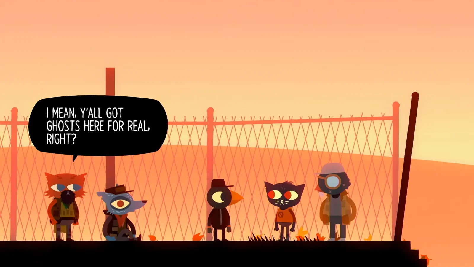 Night in the Woods gameplay showing animal characters talking near a fence at sunset.