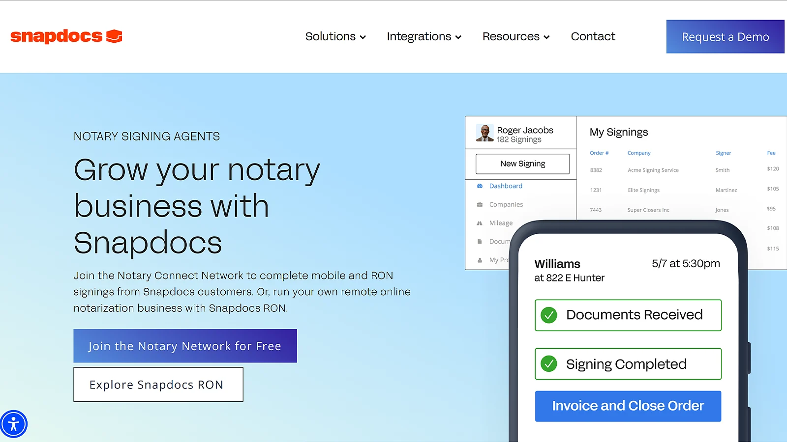 Snapdocs platform homepage for notary signing agents showing a business management dashboard and mobile app