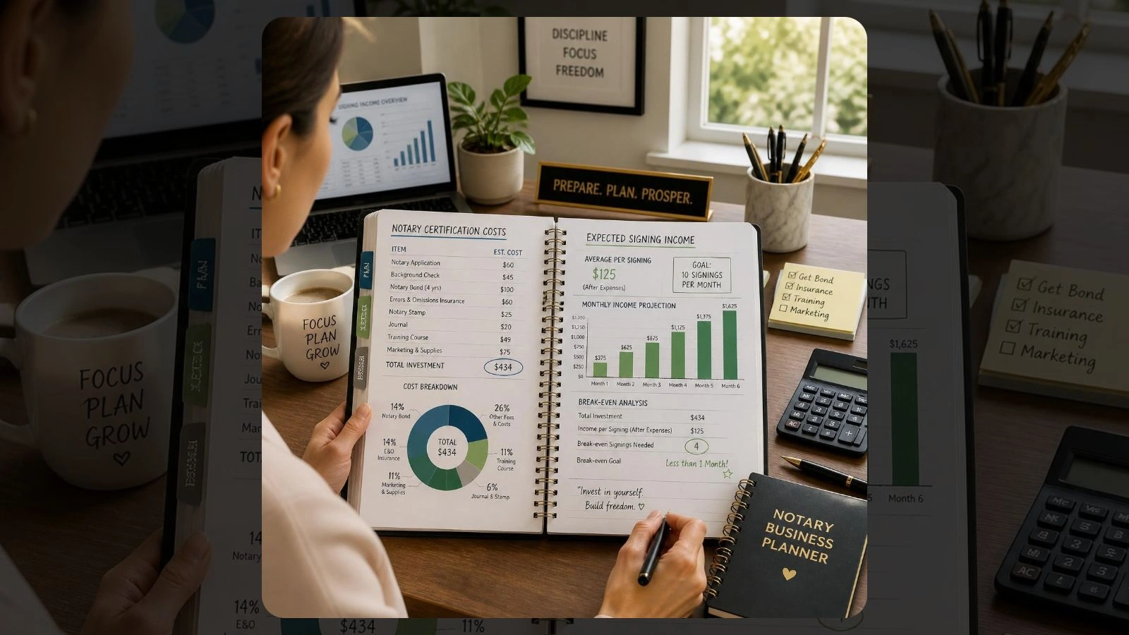 a planner comparing notary certification costs against expected signing income