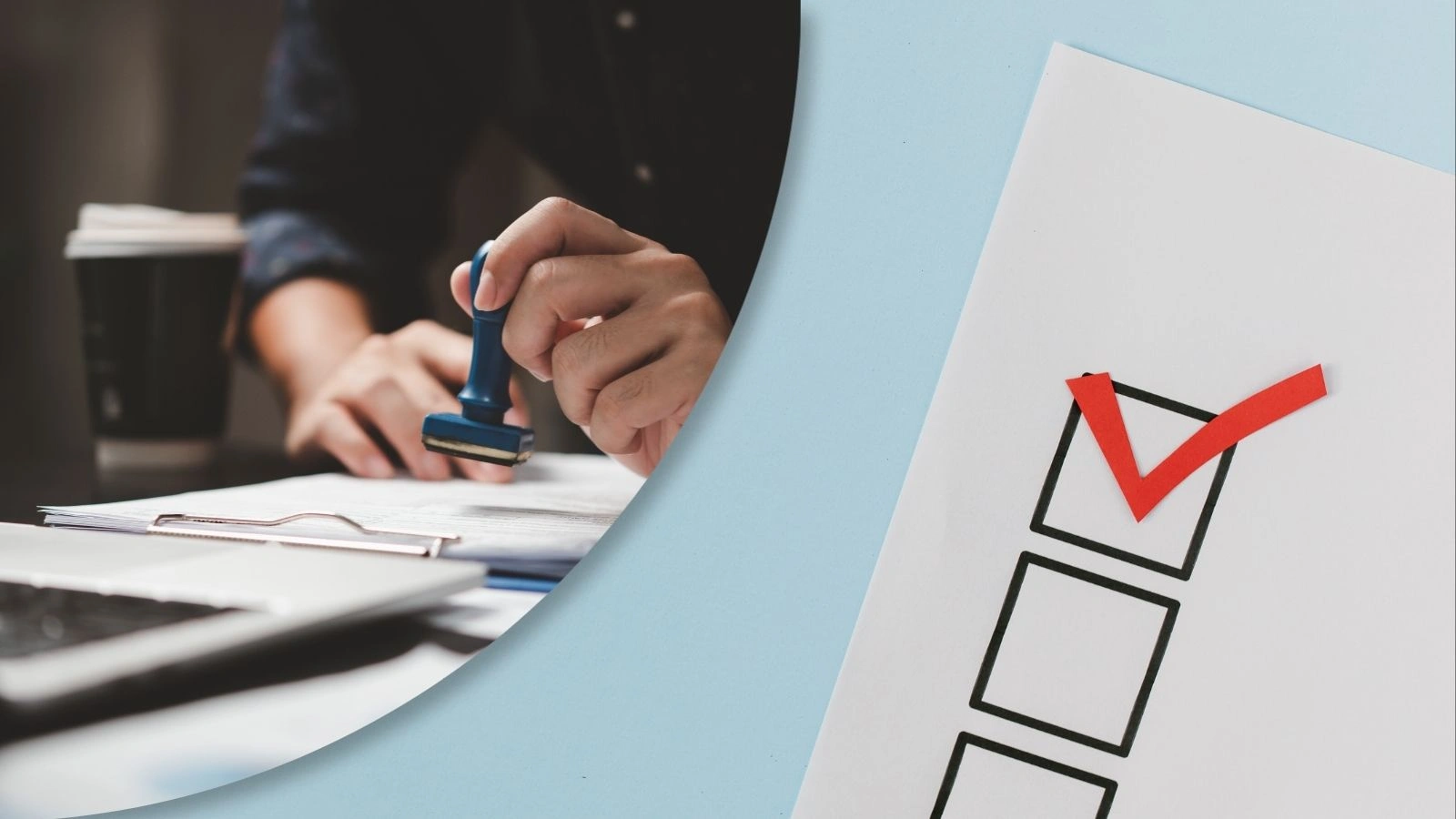 A checklist and an image of a person signing a document
