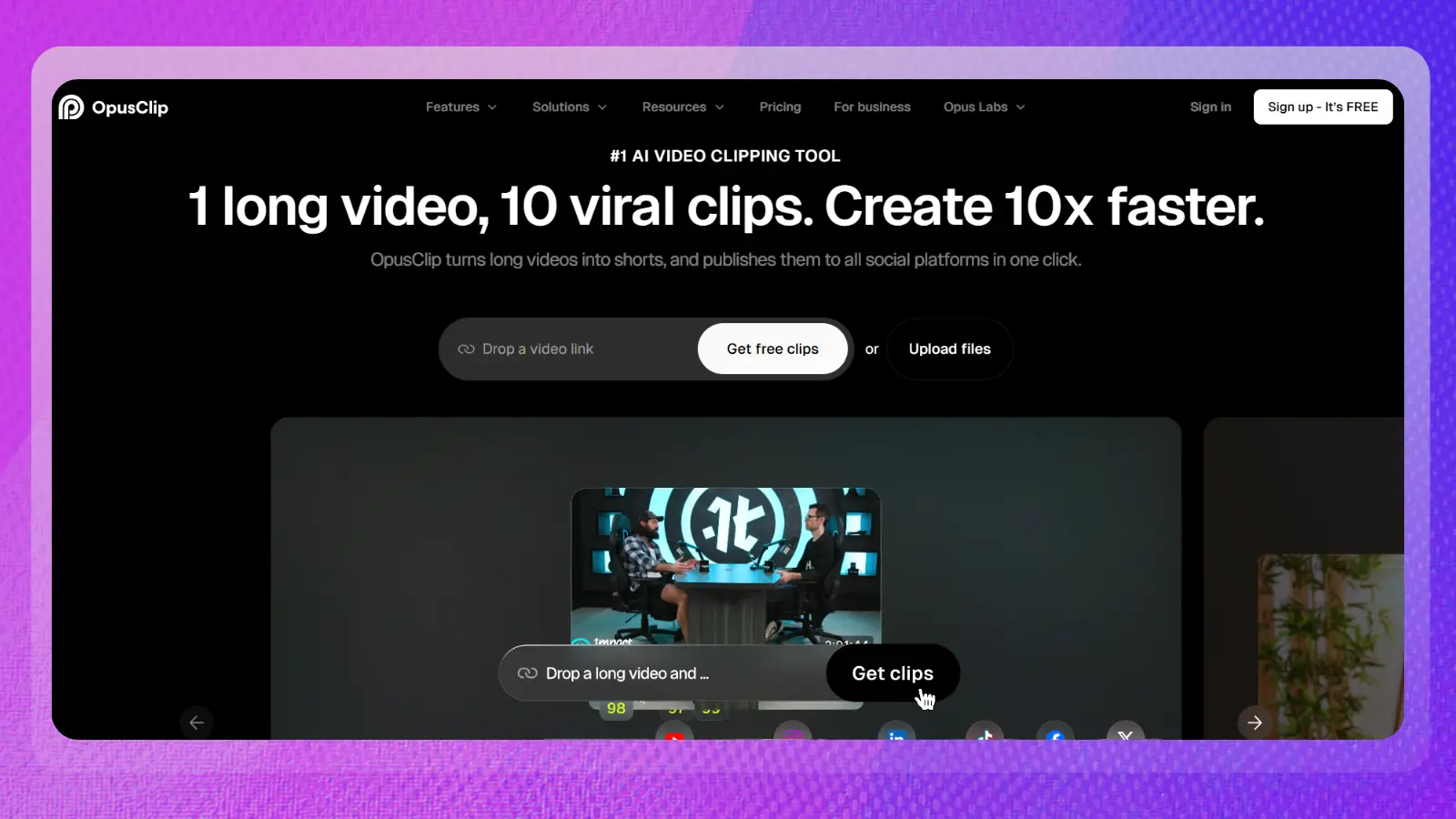 opusclip website showing an ai video clipping tool for creating short videos