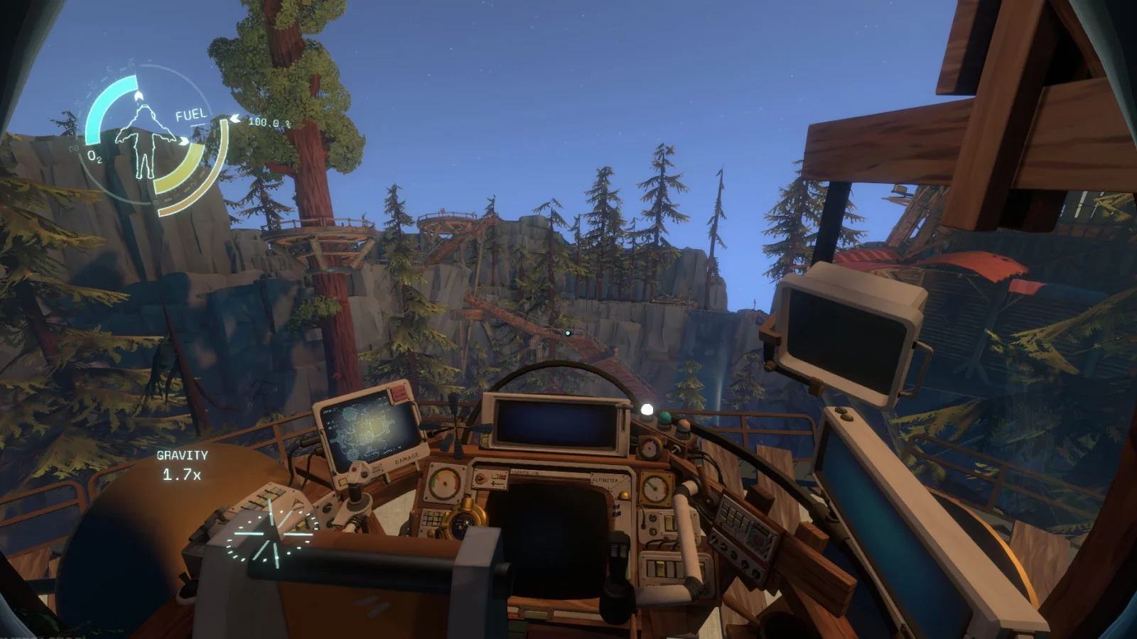Outer Wilds - O Mistério Intemporal do Sistema Solar - Uma perspetiva na primeira pessoa a partir da cabina de uma nave espacial de madeira, com vista para uma aldeia construída numa floresta de pinheiros