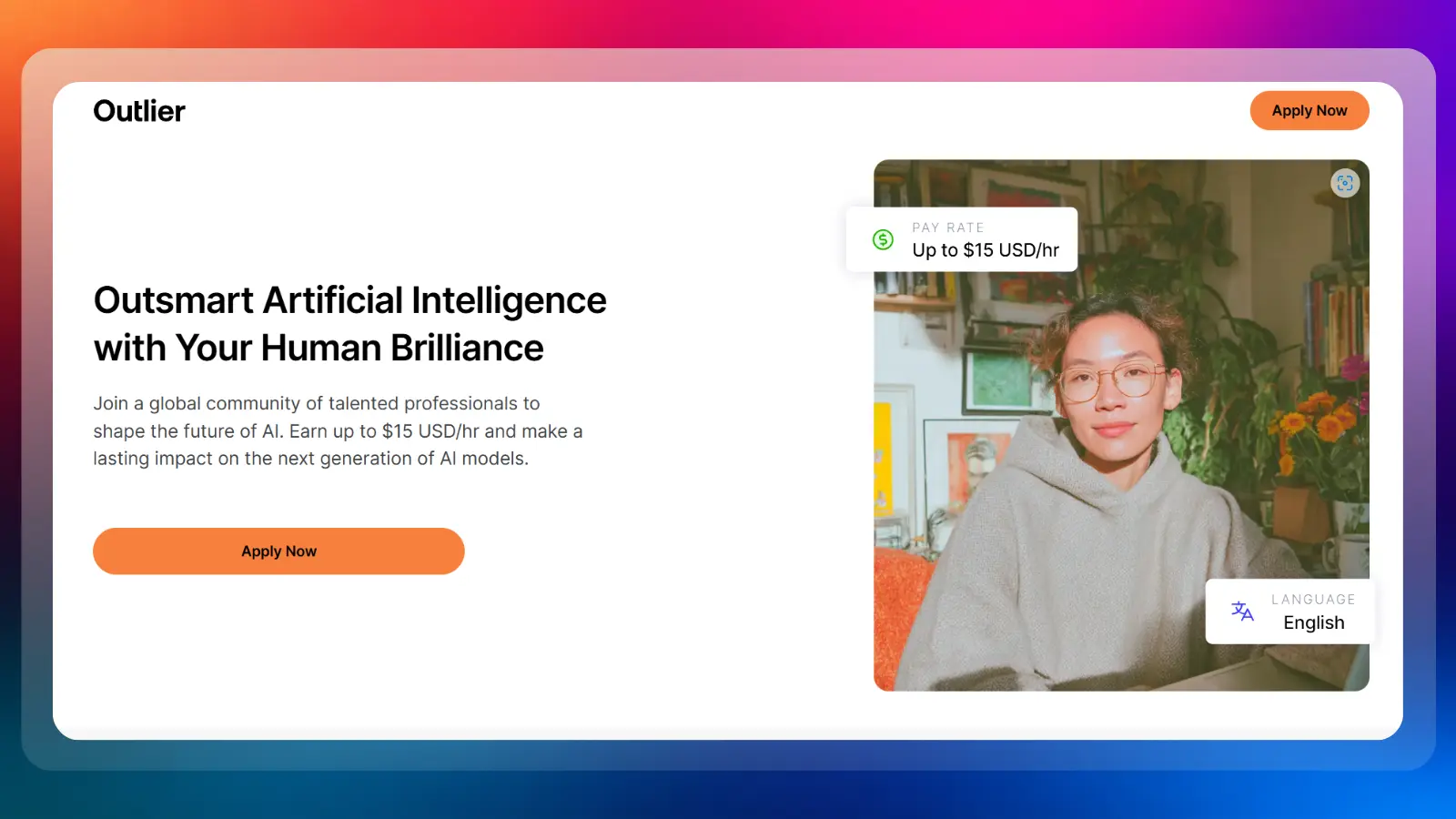 Outlier website showing opportunities to earn up to fifteen dollars per hour working with ai