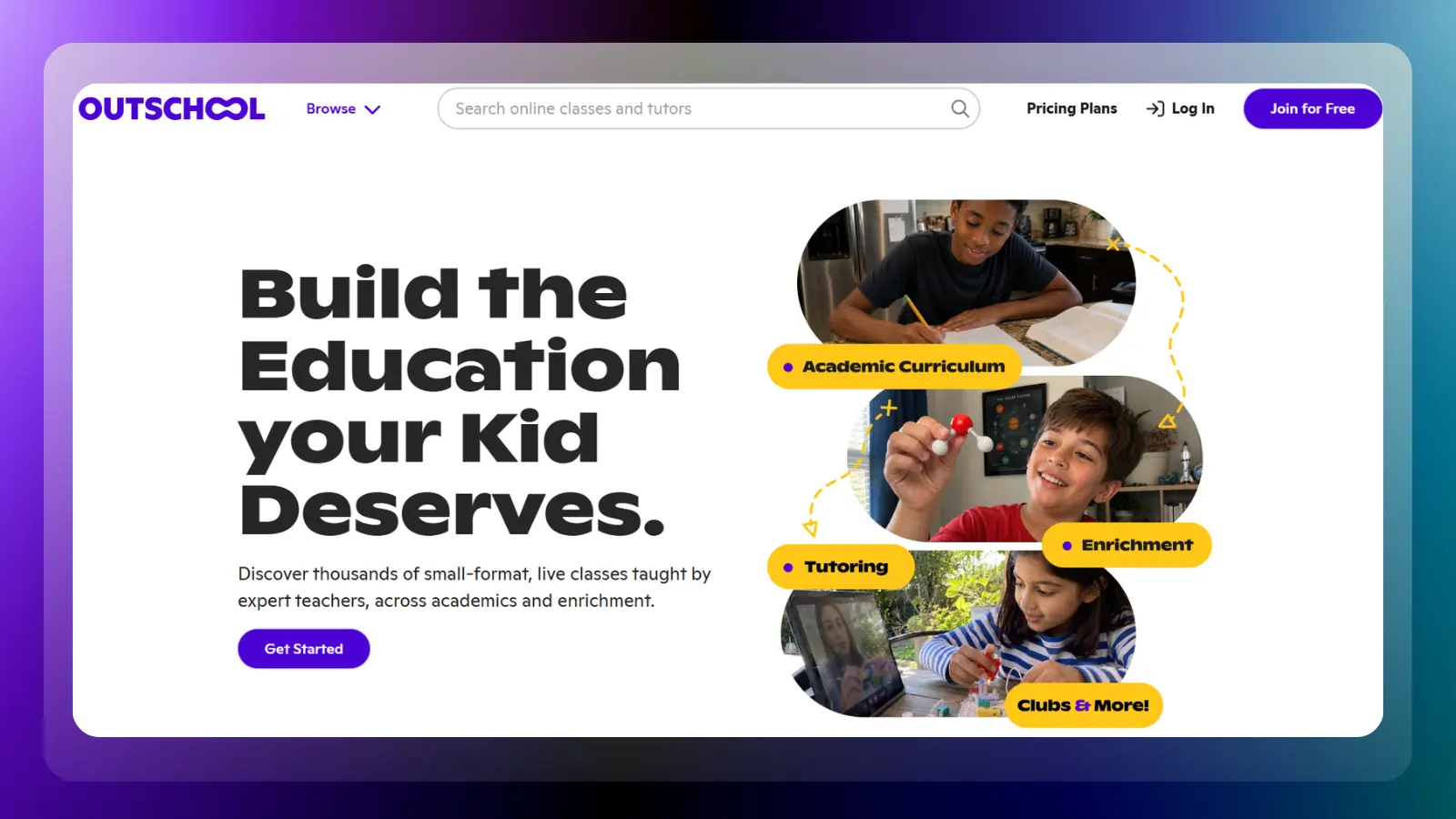 outschool website showing online classes and tutoring for kids
