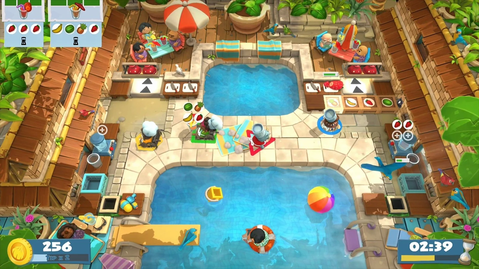 Overcooked gameplay showing chefs preparing food in a colorful poolside kitchen.