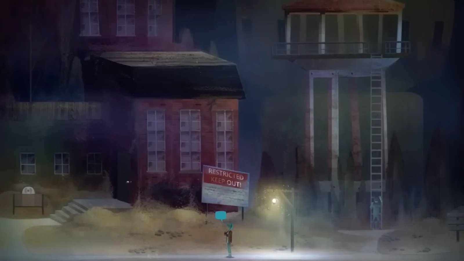 Oxenfree gameplay showing characters gathered outside a house at night.