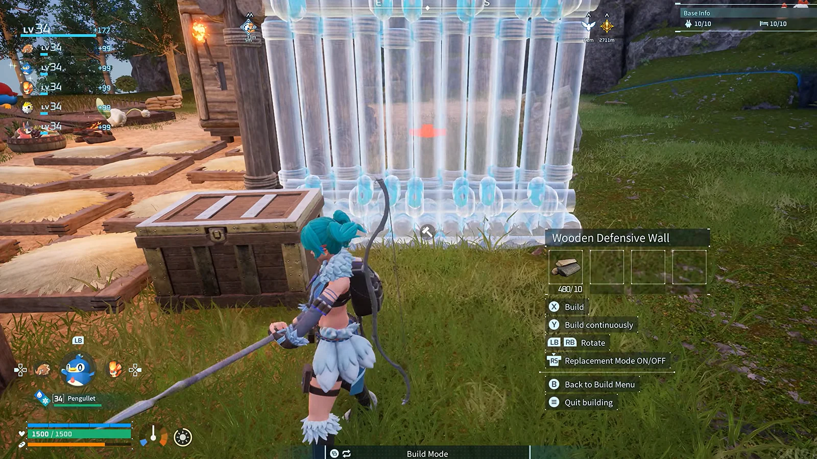 Palworld gameplay showing a player placing a building structure in an outdoor settlement.